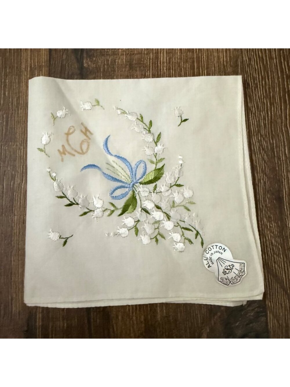 Vintage Mid-Century Embroidered Lily of the Valley Hanky Handkerchief Bridal Wed
